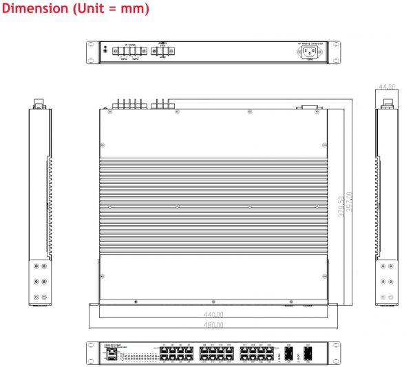 Rackmount 28 Portlu Tam Gigabit Endüstriyel PoE Anahtar (16/24 PoE Plus Portlu) boyut