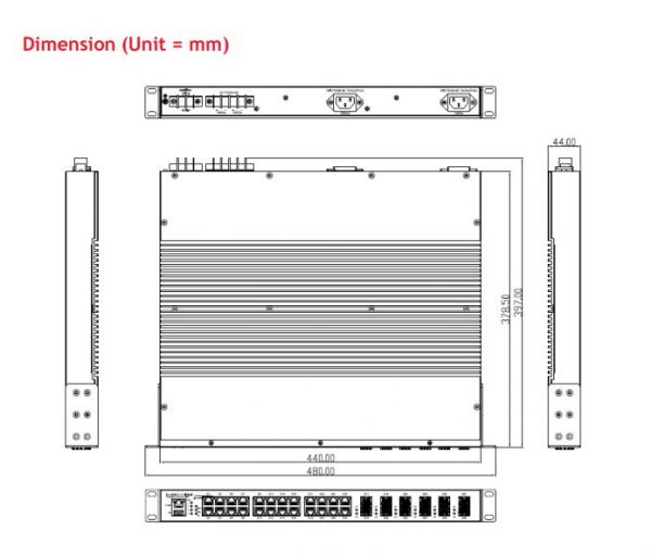 industrial fanless rackmount layer3 switch korenix jetnet 6828 size